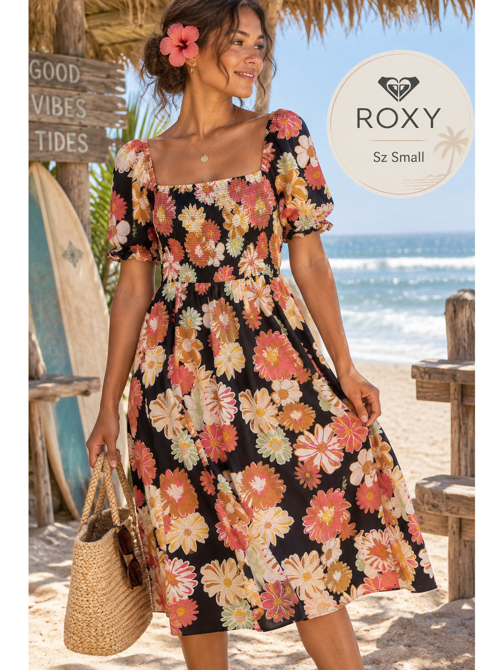 Roxy | S | Black Floral Puff Sleeve Dress